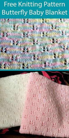 three knitted baby blankets with text overlay that says free knitting pattern, butterfly baby blanket