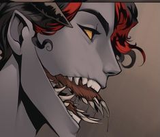 an animated image of a man with red hair and fangs on his face, looking to the side