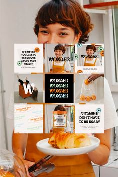 a woman holding a white plate with food on it and photos over her face to show the ingredients