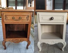 two small nightstands side by side on the floor in front of each other, one with an open drawer