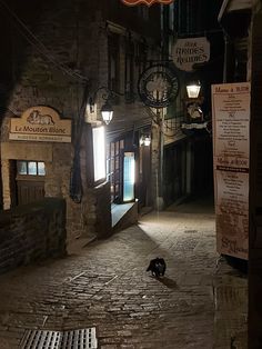 an alleyway with benches and signs at night