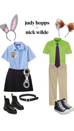 two children's outfits with bunny ears, shirt and tie