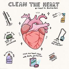 a drawing of a heart with the words clean the heart and various items surrounding it