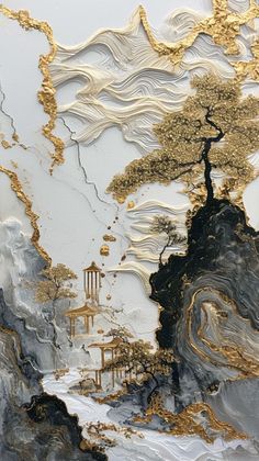 an abstract painting with gold and black paint on white paper, including a tree in the foreground