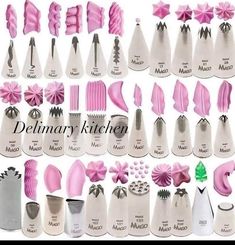 many different types of kitchen utensils are shown in pink and white colors with the words culinary kitchen on them