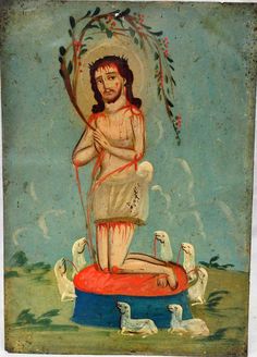 an old painting with a man sitting on top of a red object and birds around him