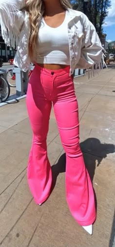 "NEON PINK FLARES| Disco Bell Bottoms| Barbiecore Pants| Girly Cowgirl Flares| Nashville Outfit| Disco Cowgirl| Stretchy High Waisted Pants| Dolly Vibes| Western Fashion The flare jeans of your dreams! These trendy flares offer a super stretch material for amazing comfort while still providing a durable, high quality material that smooth and contours to your body. Who knew trendy could be so comfortable!  DETAILS High waisted Zip and button closure Two functional back pockets Stretchy, comfort material Butt lifting detail Flare ankles SIZING INFO Very stretchy Inseam: 34\" Outseam: 33\" S: 0-4 M: 6-8 L: 10-12 XL: 14-16 MATERIAL AND CARE 76% Cotton, 20% Polyester, 4% Spandex See care label for washing instructions" Pink Disco Cowgirl Outfit, Neon Pink Outfit Ideas, Neon Cowgirl Outfit, Pink Bell Bottoms Outfit, Pink Western Outfit, Disco Bell Bottoms, Pink Cowgirl Outfit, Disco Cowgirl Outfit, 70 Fashion Outfits