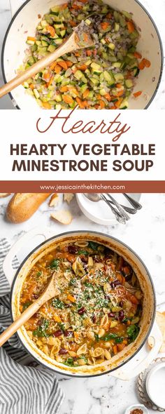 hearty vegetable minestone soup in a pot with wooden spoons