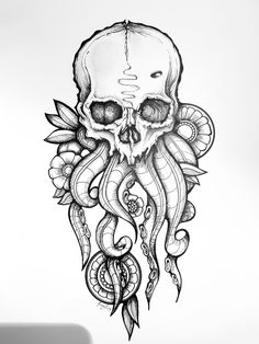 a drawing of a skull with an octopus on it's head and flowers in its mouth