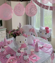 a hello kitty themed birthday party with pink decorations and paper plates, cups, and napkins