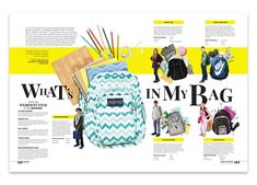 an advertisement for what's in my bag, featuring backpacks and school supplies