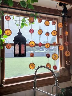 a kitchen window decorated with oranges, lemons and other fruit hanging from it