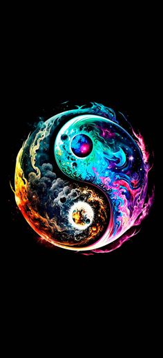 two colorful yin - yangs on black background with fire and water swirling around them