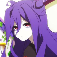 an anime character with long purple hair and red eyes