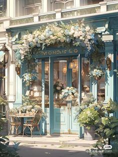 a painting of a storefront with flowers on the front door and tables in front