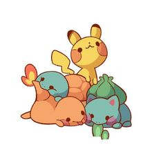 some cute little pokemons laying down together on the ground with their heads turned to look like they are hugging each other