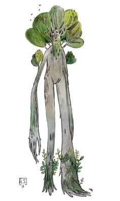 a watercolor and ink drawing of a creature with green leaves on its back, standing in the grass