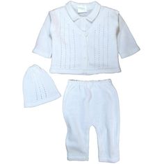 Baby boys long-sleeved 3 piece white cotton knit set with V-neck button up sweater vest, pants and matching cap. Button up V-neck sweater vest has built-in collared knit long sleeve shirt with 2 buttons. The sweater vest has 4 buttons with vertical stripe designs for a stylish look. Elastic waistband on the pants. Ribbed edge finishing on sweater vest sleeve trim, and V-neck trim. An must-have sweater, pants and cap set for daily use or Special Occasion: Christening, Baptism, Blessing, or Sunday Classic Long Sleeve Winter Sets, White Knitted Long Sleeve Set, Classic White Sets For Fall, Knitted Cotton Sets For Winter, Knitted Cotton Winter Sets, Winter Knitted Cotton Sets, Classic Fall Sets In Solid Colors, Classic Cotton Set For Spring, Fitted Knitted Cotton Sets