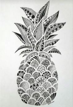 a black and white drawing of a pineapple with intricate designs on the front side