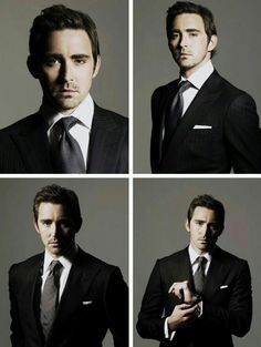 four different shots of a man in a suit