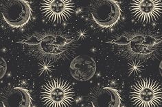 the sun, moon and stars are drawn in black and white on a dark background