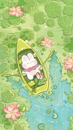 a cartoon character in a canoe floating on lily pads