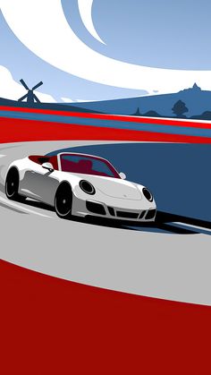 a white sports car driving on a race track with windmills in the back ground