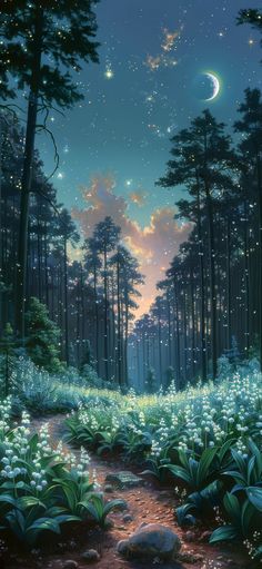 the night sky is lit up with stars and moon in the forest, as well as flowers