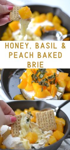 honey, basil and peach baked brie in a cast iron skillet