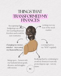 a woman with her hair in a bun and the words things that transform my finance