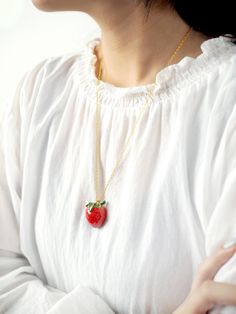 Strawberry Pendant Necklace | Strawberry Forever Heartmade + handcrafted in every detail. Every handmade item is quirky and unique, which makes it special. Handcrafted and fully processed produce in Thailand. // materials: polished brass with 18k gold plating ( Brass is an alloy made mainly of copper and zinc ) // finishing: high-quality enamel and unique coating technique // colour: red, green, white, light green, 18kgold // colour: red, green, 18kgold // chain length : 18k gold plating brass chain 55 cm + spring clasp + extender 5 cm + extender 5 cm  2023 September Princes Ring, Jewelry Cute, Animal Rings, Pendent Necklace, Cute Necklace, Enamel Jewelry, Colour Red, Brass Chain, Animal Jewelry