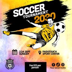 the soccer tournament flyer is designed to look like it has an image of a man kicking a ball