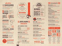 a menu designed to look like an old school diner's restaurant, with red and white lettering