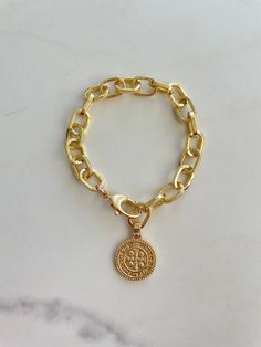 The Coin Bracelet – Few Made Gold-tone Tarnish Resistant Chain Bracelet, Gold-tone Tarnish Resistant Charm Bracelet, Gold Charm Bracelet With Adjustable Chain, Gold-tone Round Chain Bracelet With Adjustable Chain, Coin Bracelet, Layered Jewelry, Coin Jewelry, Statement Jewelry, Link Chain