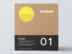 the box is brown and has white lettering on it that says, woken bright