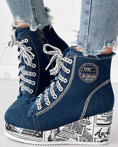 @clothing7haul | Linktree Fashion Newspaper, Women Graffiti, Boots Patterns, Denim Boots, Lace Up Wedges, Denim Patterns, Wedge Ankle Boots