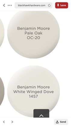 two white round labels with the names of three different types of paint colors on them