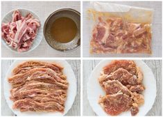 four pictures showing different types of meats and seasonings on plates with sauce in the middle