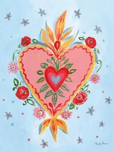 a painting of a heart with flowers and hearts on it's sides, surrounded by stars