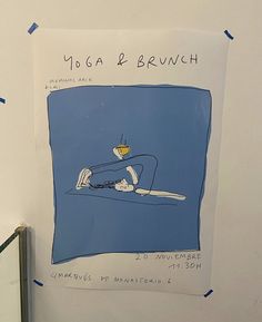 a drawing of a person laying on a bed with the words yoga and brunch above it