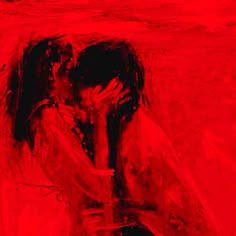 a painting of two people kissing each other in front of a red background with the word love written on it