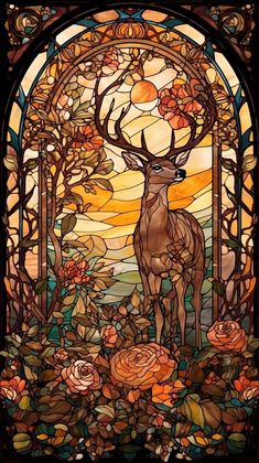 a stained glass window with an image of a deer