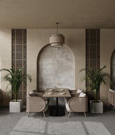 a dining room with chairs, table and potted plants