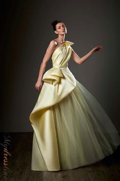 Ziad Germanos ZG79 Dress – Mydressline Regal Gowns Queens, Unique Dress Designs Fashion, Unique Ball Gowns, Unique Prom Dress, Mikado Fabric, Couture Evening Dress, One Shoulder Prom Dress, Silhouette Dress, Prom Dresses Yellow