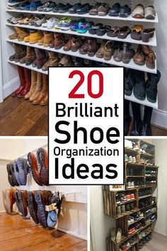 there are several different shoe racks in this room and one is filled with shoes, the other has many pairs of shoes