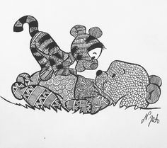 a black and white drawing of a teddy bear laying on its back with another stuffed animal