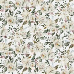 a white floral wallpaper with green leaves and flowers