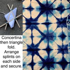 an image of a tie - dyed piece of cloth with scissors in it and the words, concert then triangle fold arrange spins on each side and secure