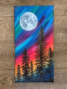 an acrylic painting of the night sky with trees in front of a full moon