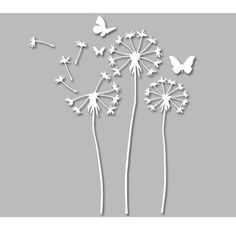 a dandelion with butterflies flying in the wind on a gray background, cut out from